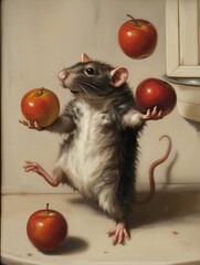 A cute rat juggling apples in a cozy kitchen, captured in a vintage oil painting style. The rat stands on its hind legs, with apples floating around it, creating a playful scene. Concept of playful ki