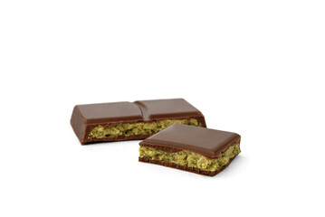 Dubai chocolate bar with with pistachio isolated on white background.