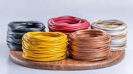 Assorted colored electrical wires coiled on a wooden surface against a gray backdrop