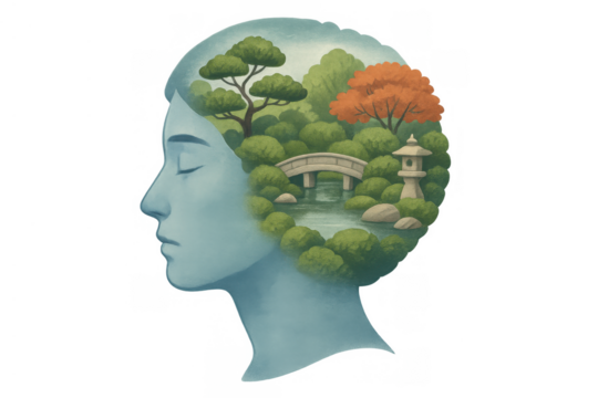 Woman's head with a tranquil zen garden landscape inside, representing mindfulness, meditation, and inner peace