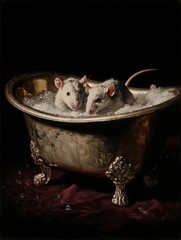 A vintage-style painting featuring two rats bathing in an antique bathtub. The rich details and dark tones evoke a classical ambiance, making it a unique and quirky piece for bathroom decor.