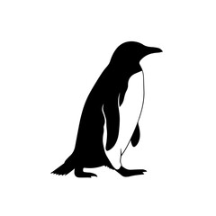 A black and white silhouette of a penguin standing upright, facing right, on a plain white background, showcasing its distinctive profile. © Maulana