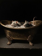 A vintage-style painting featuring two rats bathing in an antique bathtub. The rich details and dark tones evoke a classical ambiance, making it a unique and quirky piece for bathroom decor.