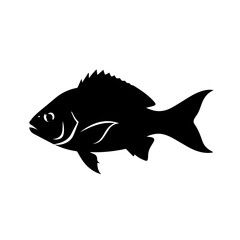 Silhouette of a fish, a marine animal, depicted in black and white, side view.
