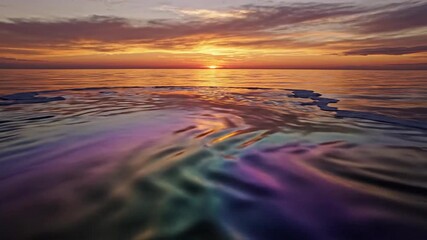 Dramatic sunset over ocean horizon with colorful oil slick pattern on water surface creating vibrant path, golden sunlight reflection on waves, serene evening sky
