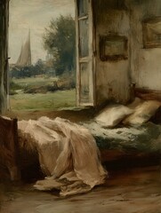 A serene farmhouse-style painting depicting a cozy bedroom with a rustic bed, soft bedding, and a window overlooking a lush garden. The warm, earthy tones create a peaceful and nostalgic atmosphere.