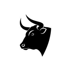 Black silhouette of a bull's head with curved horns on a white background.
