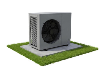 Fototapeta premium Outdoor air conditioning unit on a concrete pad with grass isolated on transparent background
