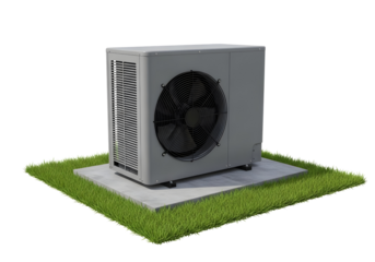 Outdoor air conditioning unit on a concrete pad with grass isolated on transparent background
