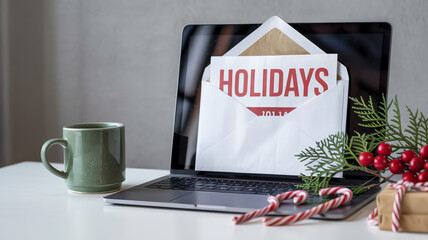 Holiday greetings email on laptop with festive decorations.