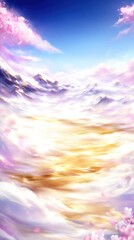 Sky-High Fantasy: A breathtaking view of the clouds, showcasing soft colors and a whimsical aesthetic, offering a glimpse into a dreamlike world, with gentle light casting an ethereal glow.