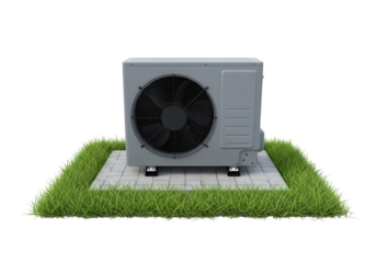 Outdoor air conditioning unit on a concrete pad with grass isolated on transparent background