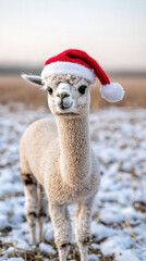 Obraz premium Christmas alpaca wearing festive red Santa hat standing in snowy field with joyful expression and winter landscape background