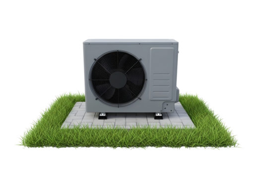 Outdoor air conditioning unit on a concrete pad with grass isolated on transparent background