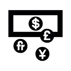 A black and white icon of money with dollar pound franc and yen symbols on a white background image