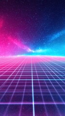 Cyber Grid in Galaxy: A futuristic perspective showcases a neon grid stretching towards a vibrant galaxy, creating an immersive visual experience.