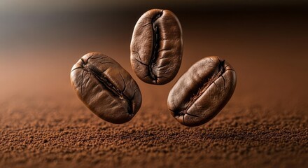 Roasted Coffee Beans Floating Above Ground Coffee