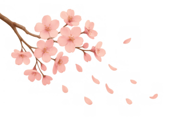 Cherry blossom branch with delicate pink sakura flowers and falling petals on transparent background