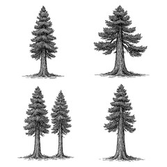 Coast Redwood Trees in Vintage Botanical Engraving Style, Transparent Background