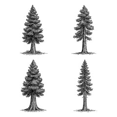 Coast Redwood Trees in Vintage Botanical Engraving Style, Transparent Background