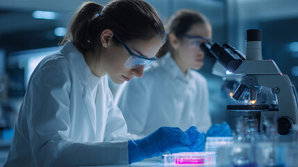 Two scientists in lab coats working with a microscope and petri dish in a laboratory