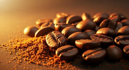 Roasted Coffee Beans and Instant Coffee Granules with Warm Lighting