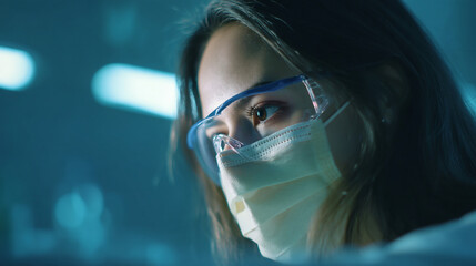 Close up of a woman wearing a face mask and safety glasses in a blue lit environment