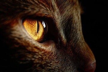 Amber feline eye with glowing iris and slit pupil in a moody night scene
