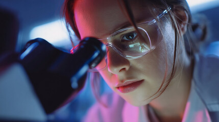 A focused scientist wearing safety glasses examining sample through a microscope lens