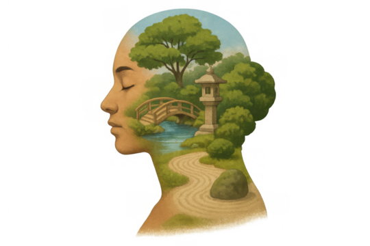 Female head silhouette filled with a tranquil japanese zen garden scene concept representing mindfulness and peace
