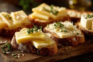 Appetizer platter featuring sliced cheese and bread on a wooden surface with soft shadows