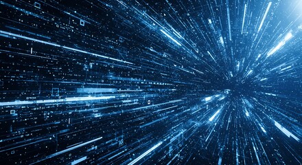Abstract blue digital data stream with glowing lines and particles moving rapidly through a futuristic network