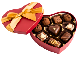 Heart shaped box of assorted chocolates with golden ribbon isolated on transparent background