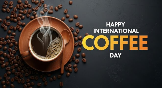 Happy International Coffee Day with Steaming Cup and Beans