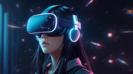 Young woman uses glowing virtual reality headset immersed in a futuristic digital experience.