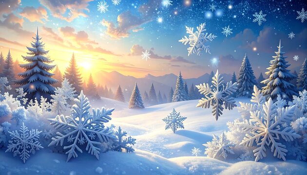 A serene winter scene depicts snow-covered evergreens under a partly cloudy sky. The sun sets over distant mountains