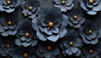 Dark gray paper flowers create elegant background. Textured floral design suitable for wedding invitations event cards. Abstract art features delicate petals, sophisticated aesthetic. Luxurious dark