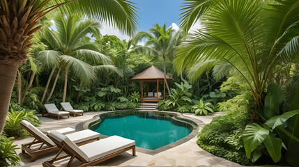 Fototapeta premium relax in a serene oasis filled with lush palm leaves swaying gently in the breeze the tropical paradise perfect for vacation holiday and soothing the soul
