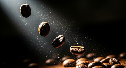 Falling Roasted Coffee Beans with Golden Sparkles