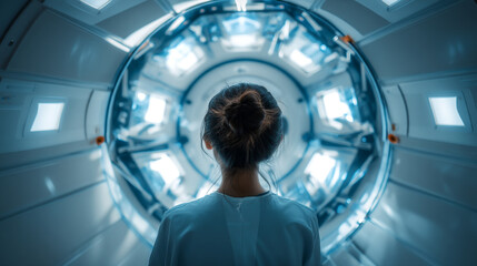 Woman standing in a futuristic tunnel with bright lights and circular doorway ahead of her
