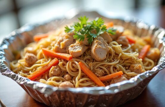 Filipino pancit bihon canton noodles served hot in foil tray. Chicken pieces and bright carrot slices mixed with thin noodles. Fresh parsley garnish tops this asian comfort food dish.