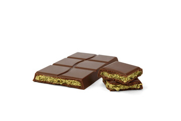 Dubai chocolate bar with with pistachio isolated on white background.