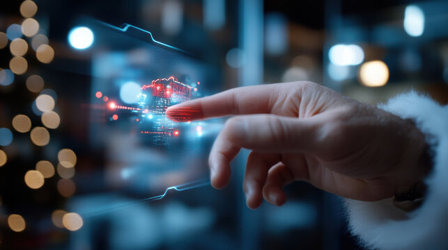 The image showcases a hand interacting with a transparent touchscreen interface, emphasizing technology, innovation, and digital communication in a modern setting.