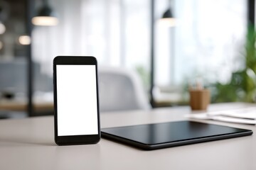 Black smartphone and tablet with blank screens on a minimalist desk