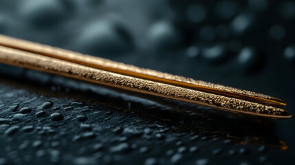 Wet golden chopsticks on dark surface