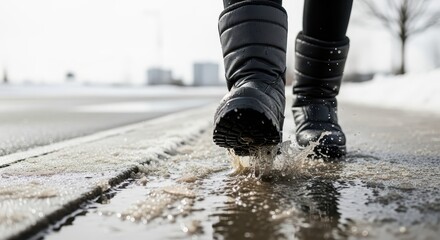Person walking through slush in winter with black boots  
