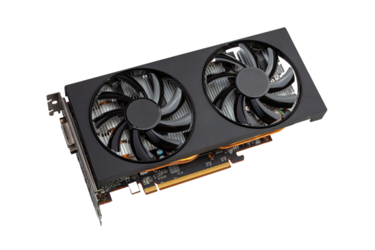 Dual-Fan Black Graphics Card For PC Gaming And Rendering Upgrades isolated on a white background