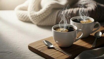 Two Steaming Hot Coffee Mugs on a Wooden Tray