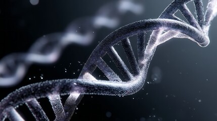 A luminous blue dna double helix structure spins in a dark space. Tiny particles of light dance around it, showcasing the elegance of genetics and the mysteries of life