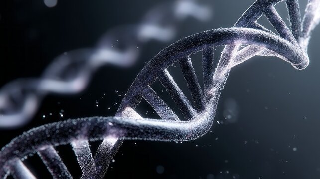 A luminous blue dna double helix structure spins in a dark space. Tiny particles of light dance around it, showcasing the elegance of genetics and the mysteries of life